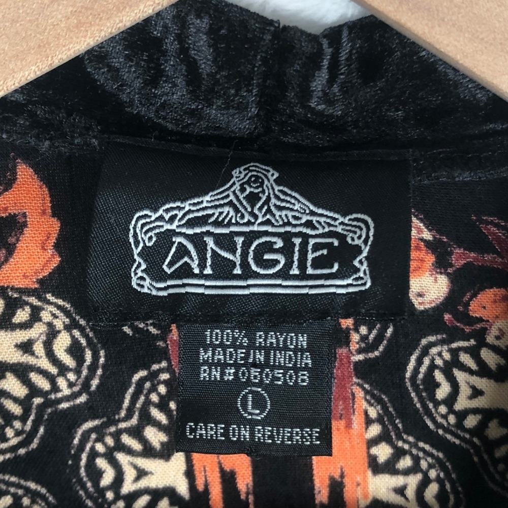 ANGIE Boho Floral Velvet Trim Bell Sleeve Kimono Cardigan Sz L Black Orange - Picture 6 of 8